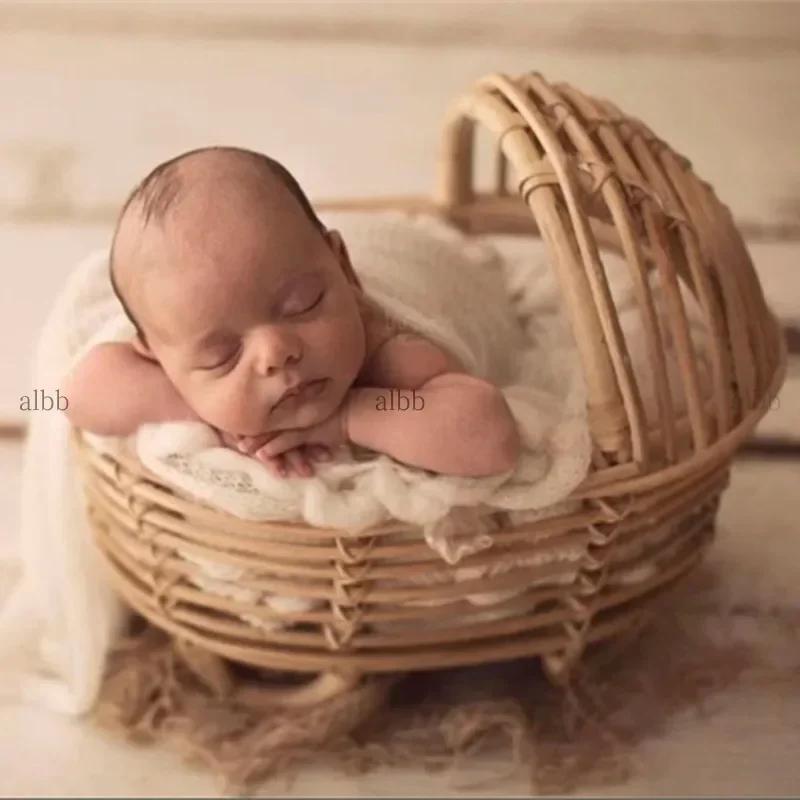 Handgefertigtes Vintage Holz Rattan Posing Bett Neugeborenen Fotografie Requisiten Hintergrund Zubehör Für Baby Jungen Mädchen Säugling Aufnahmen