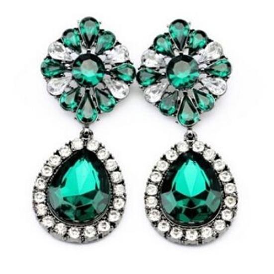Vintage Lady Green Rhinestone Flower Teardrop Statement Dangle Stud Earrings