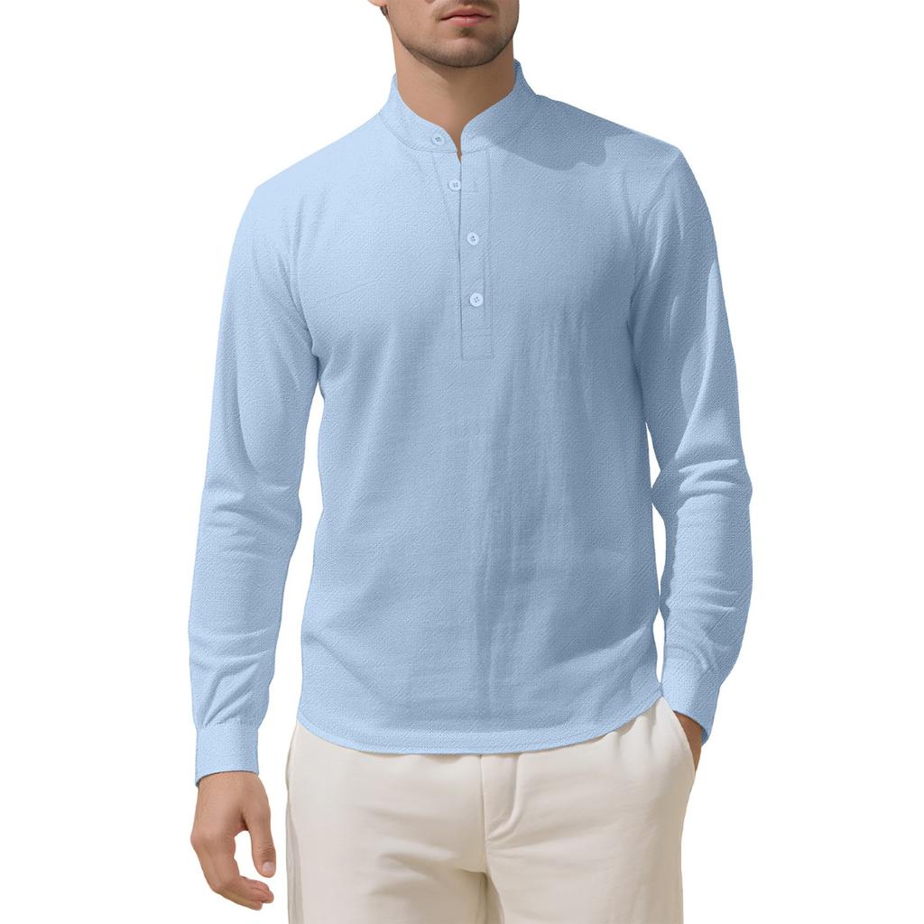 Men's Loose Linen Solid Color Long Sleeved Stand Up Collar Top Men's Casual Shirt
