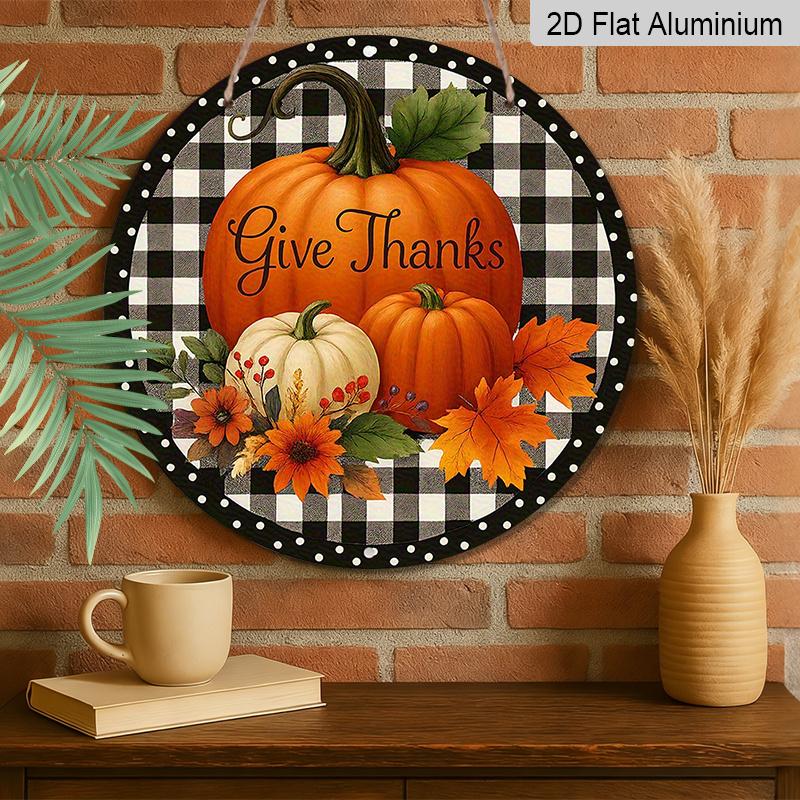 2D Flat, 1pc Thanksgiving-themed Round Aluminum Sign, Thanksgiving Design Featuring Pumpkins and Autumn Leaves, High Quality, Pre-Hole, Reusable