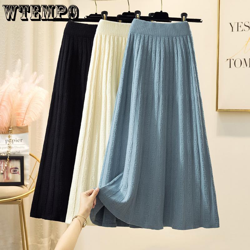 Knitted Skirt for Women Autumn and Winter High Waist Mid Length A-line Pleated Skirt