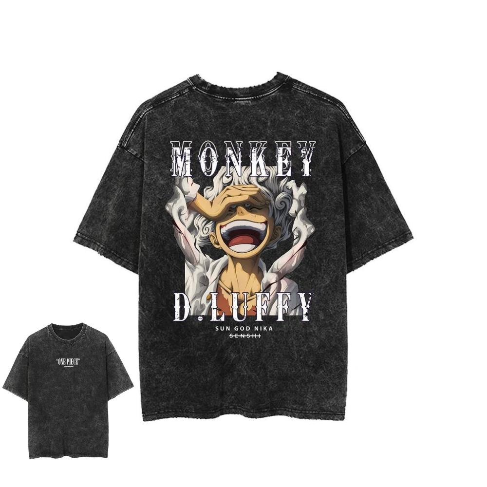 Oversized Vintage Washed One Piece Anime T Shirt Men Women Cotton Short Sleeve Tee Streetwear Graphic Print Tops