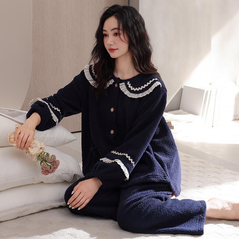 Coral Fleece Pajamas Women'S Autumn And Winter Fleece Thickened Flannel Furry Warm Loungewear Set