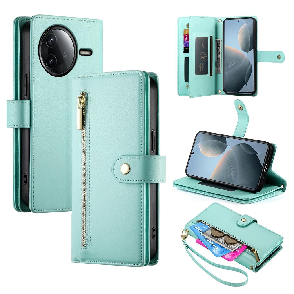 DF-011 For Xiaomi Redmi K80 5G/Poco F7 Pro 5G Case Zipper Pocket Wallet Leather Phone Cover with Straps