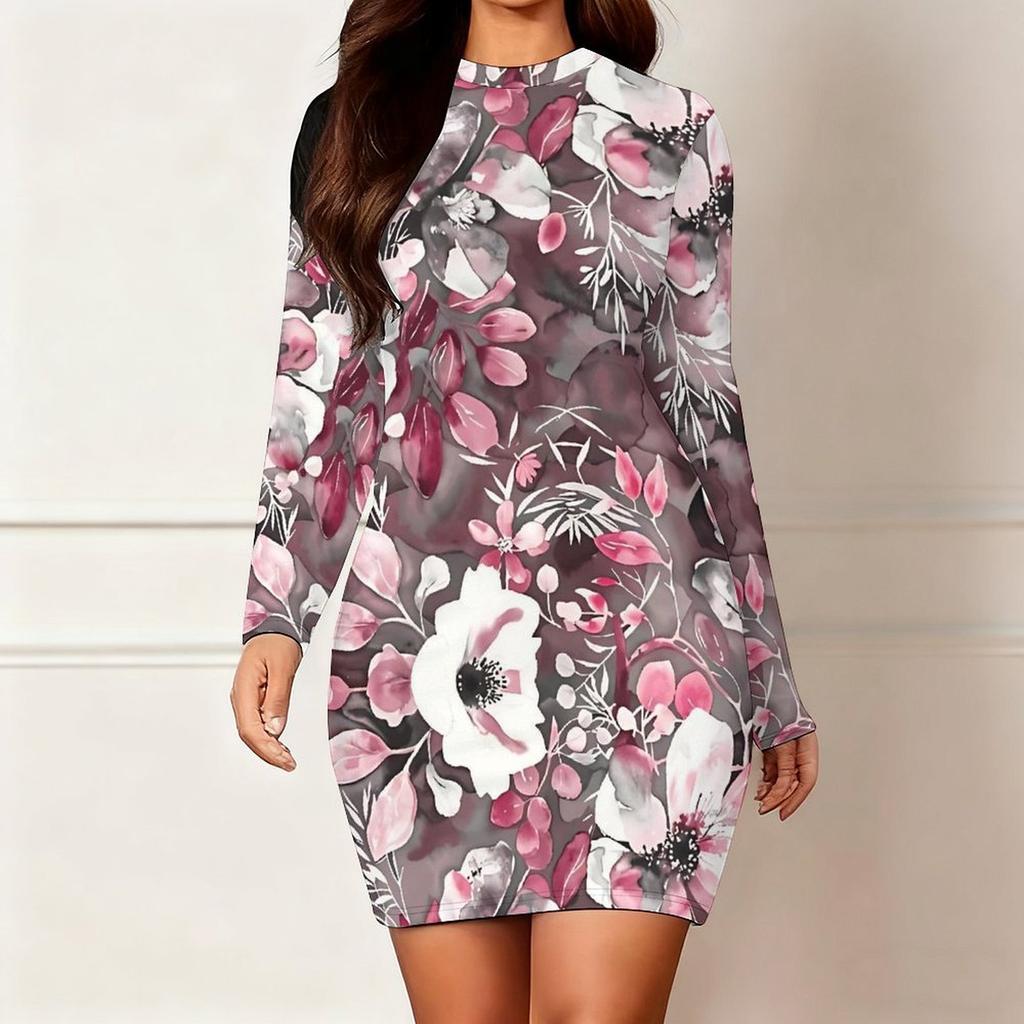 2025 Outono e Inverno Novo Estampa Floral 3D e Tingimento Moda Feminina Manga Longa Gola Redonda Vestido Envolvente de Quadril Dia dos Namorados Limitado