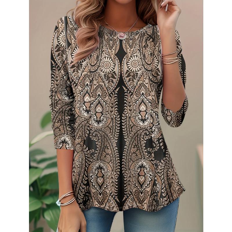 

Women s Ethnic Print Casual T-Shirt - 95% Polyester 5% Elastic Yarn, Round Neck Long Sleeve Top, Random Paisley with Geometric Pattern S