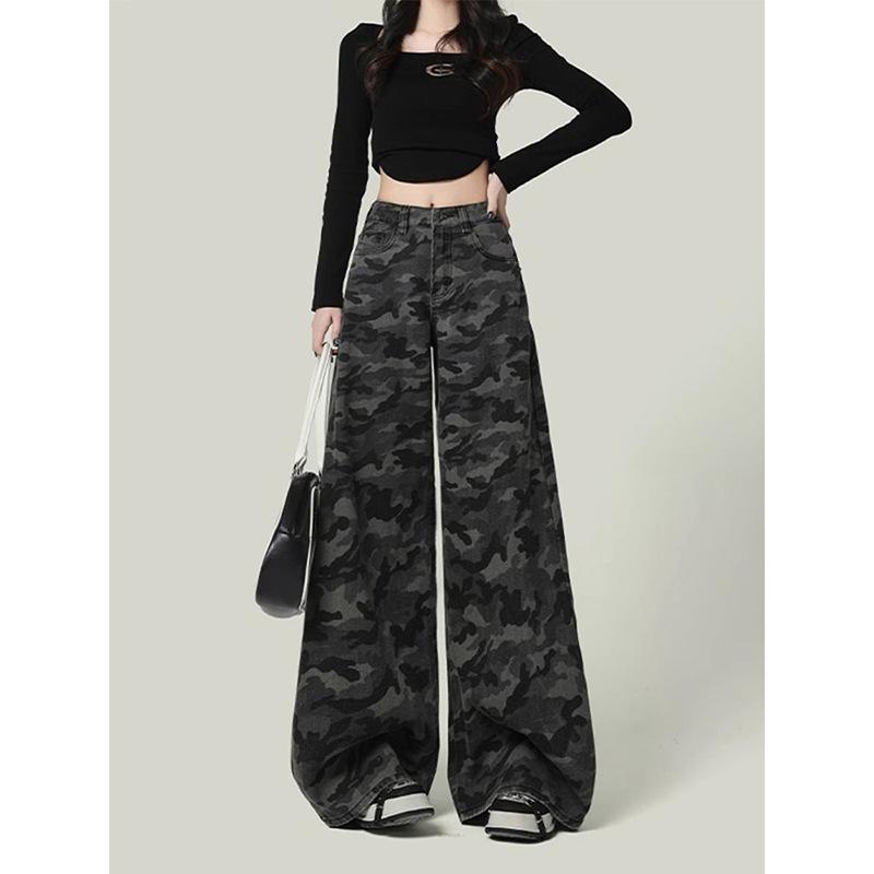 American retro camouflage wide-leg jeans women's autumn 2025 new loose straight high-waisted large-size tooling pants