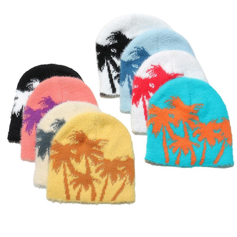Autumn and winter thermal hat women's outdoor plush beanie hat brimless cap coconut tree jacquard wool hat imitation mink hair