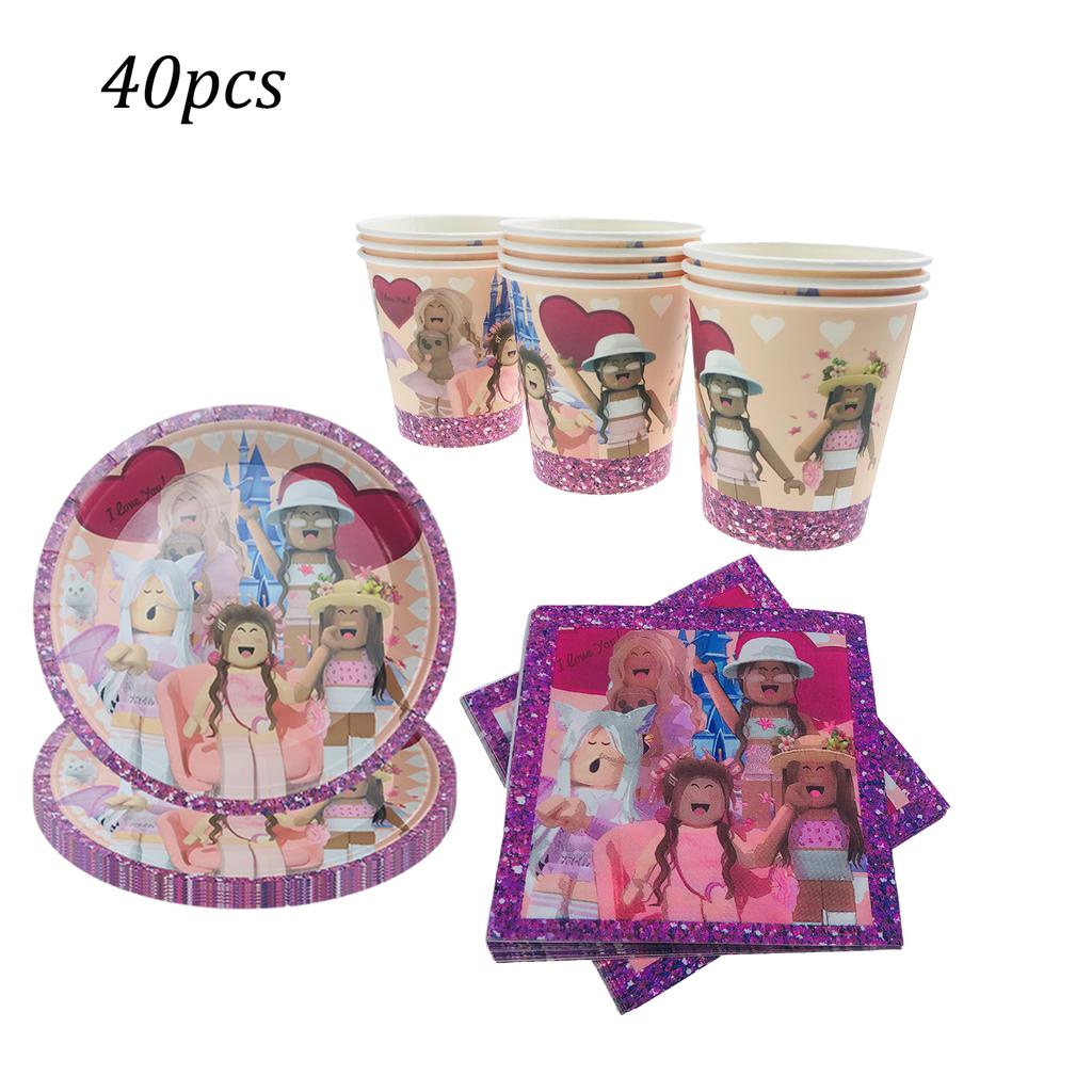 Pink Robloxed Theme Birthday Party Decorations Tableware Set Balloons Cups Plates Banner Backdrop Girls Baby Shower Supplies for Round Sensory 3