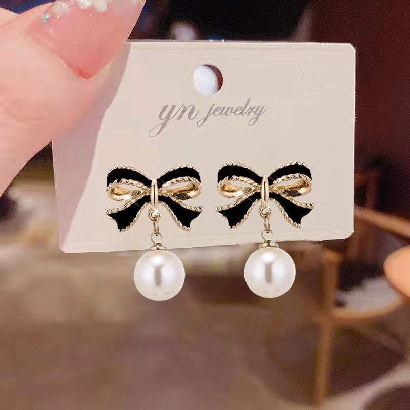 Trendy Black Red Bow Knot Drop Earrings for Women Enamel Oil Metal Imitation Pearl Dangle Earrings Wedding Party Sweet Jewelry