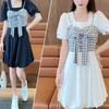 Summer French Style Twopiece Dress With Puff Sleeves And Bow For Petite Women