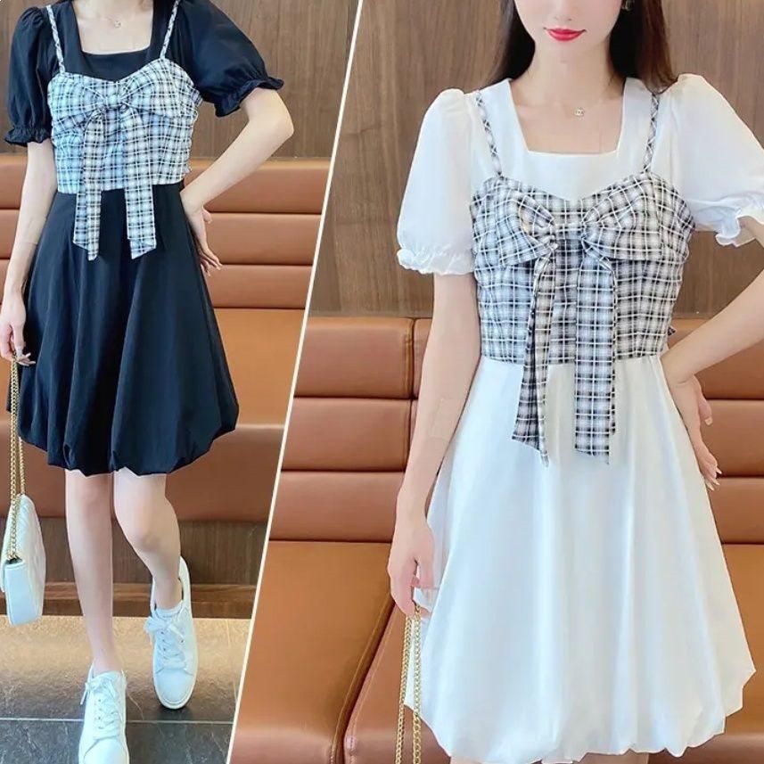 Summer French Style Twopiece Dress With Puff Sleeves And Bow For Petite Women