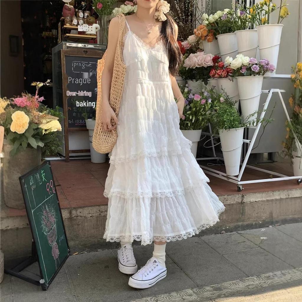 Women's Summer French White V-neck Lace Trim Camisole Dress