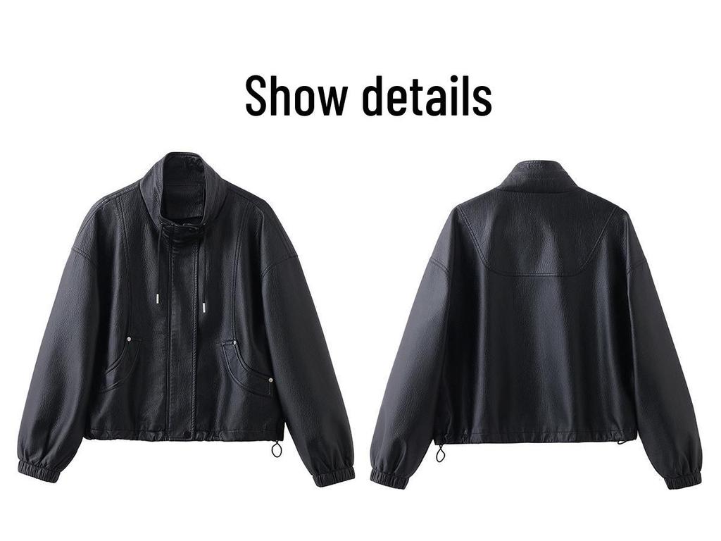 Women's Petite Leather Stand-Collar Jacket - Slimming, Stylish Motorcycle Style, Spring 2026 Fashion