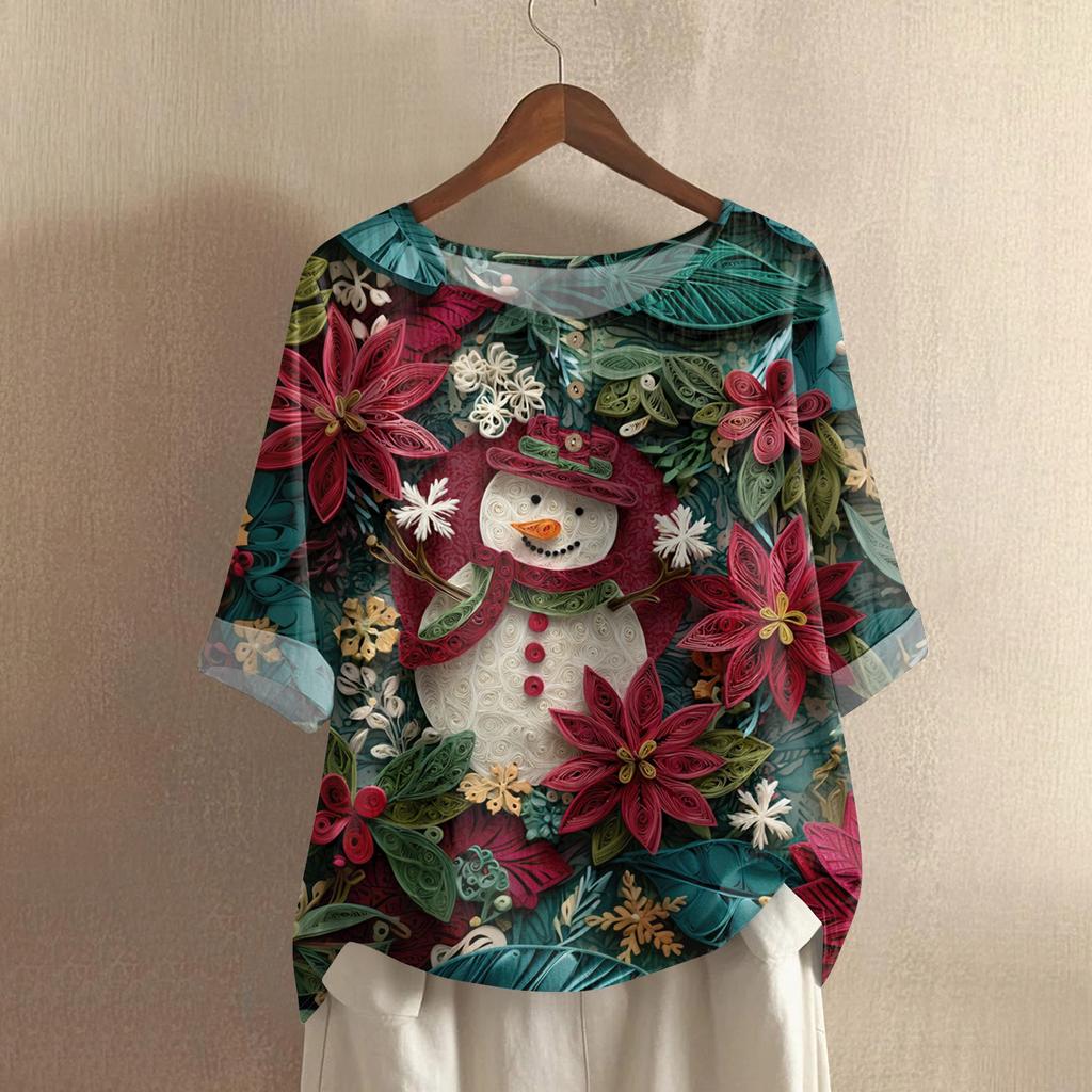 Women's Fashionable And Casual Shirt Half-sleeve Round Neck Print Cotton And Linen Blouse Top