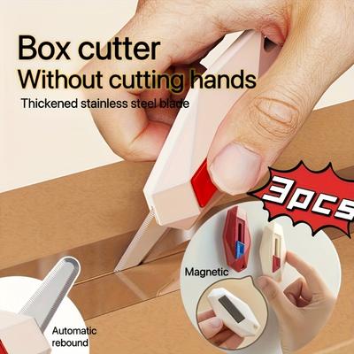 3 Stück Tragbares Sicherheits-Boxöffnermesser mit Schlüsselanhänger, Automatischer Einzug, Magnetischer Kühlschrankhaken, Hergestellt aus ABS-Material, für Paket und Umschlag