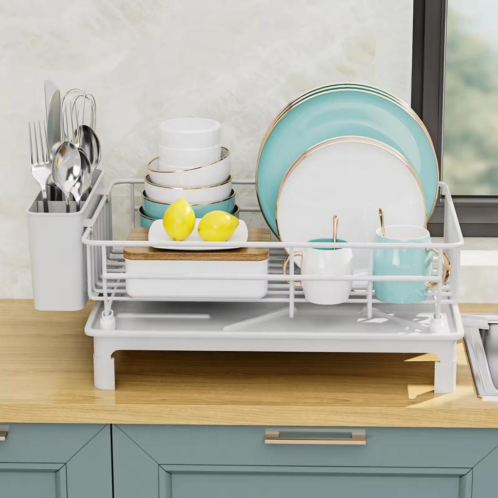 Modern Metal Multi-Purpose Kitchen Organizer Over-Sink Dish Drying Rack with Drain Storage for Plates Bowls Utensils