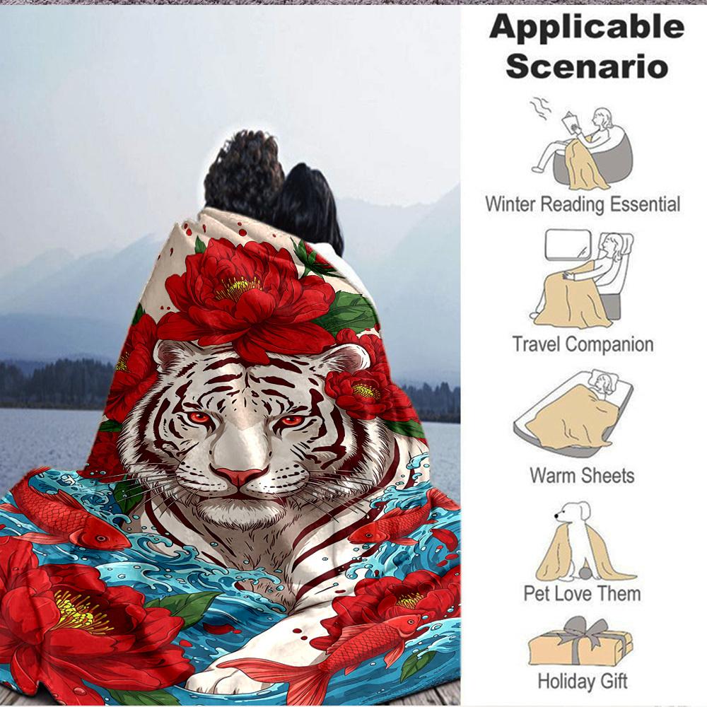 1pc Tiger Red Flowers Soft & Warm Polyester Knit Blanket, Digital Printed, All-Season Throw for Napping, Traveling, Sofa Yy250906001