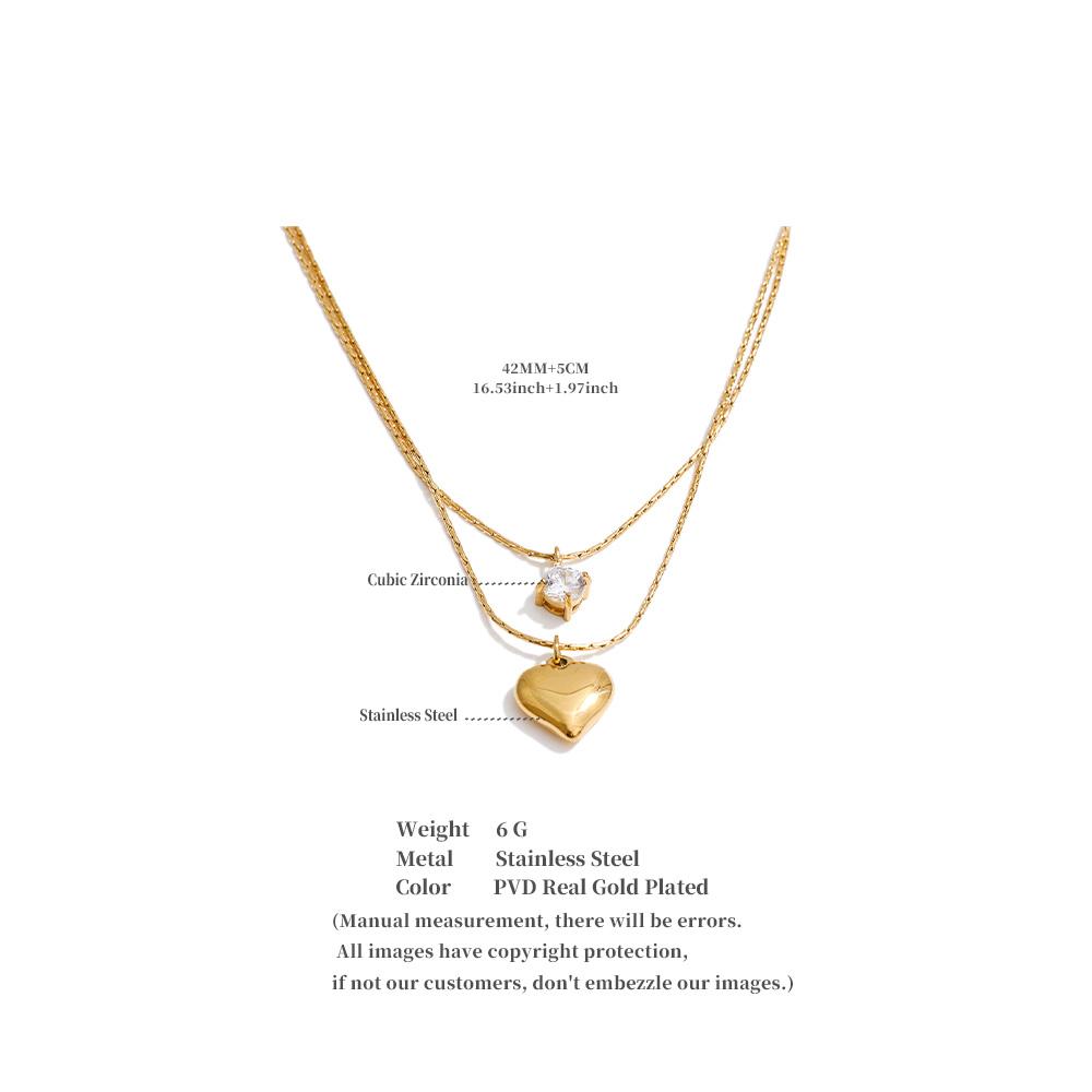 Yhpup Stainless Steel Double-Layer Cubic Zirconia Heart Drop Overlay Necklace Valentine's Day Gift Popular Chic Neck Jewelry
