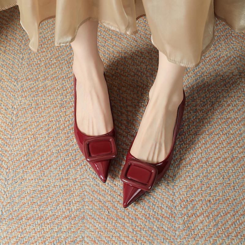 Patent leather high heels women's versatile 2 spring and summer new square buckle shallow mouth temperament pointed kitten and single shoes