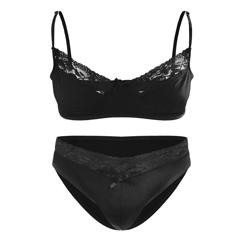 Men'S Sissy Lingerie Bra Floral Lace Panties Set Crossdressing Outfits Bowknot Bikini Briefs Underwear Clothes Gay Sleepwear