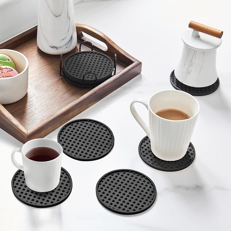 Coasters for Drinks 6 Pack Drink Coaster with Holder Heat Resistant Silicone Cup Mat Tabletop Protection Non-Slip Coasters JT572