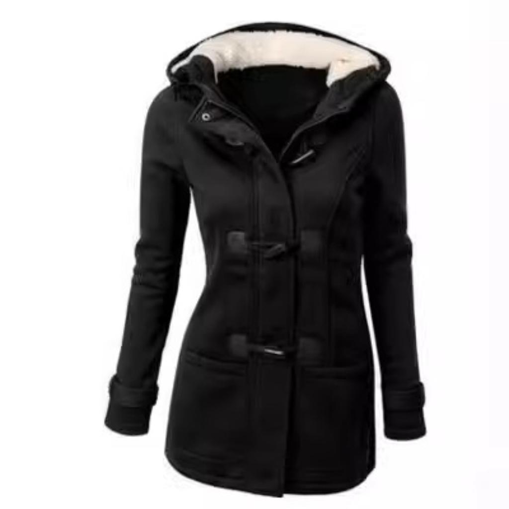 Women's Cotton Blend Hooded Jacket 2025 Classic Horn Leather Buckle Zipper Coat Outerwear