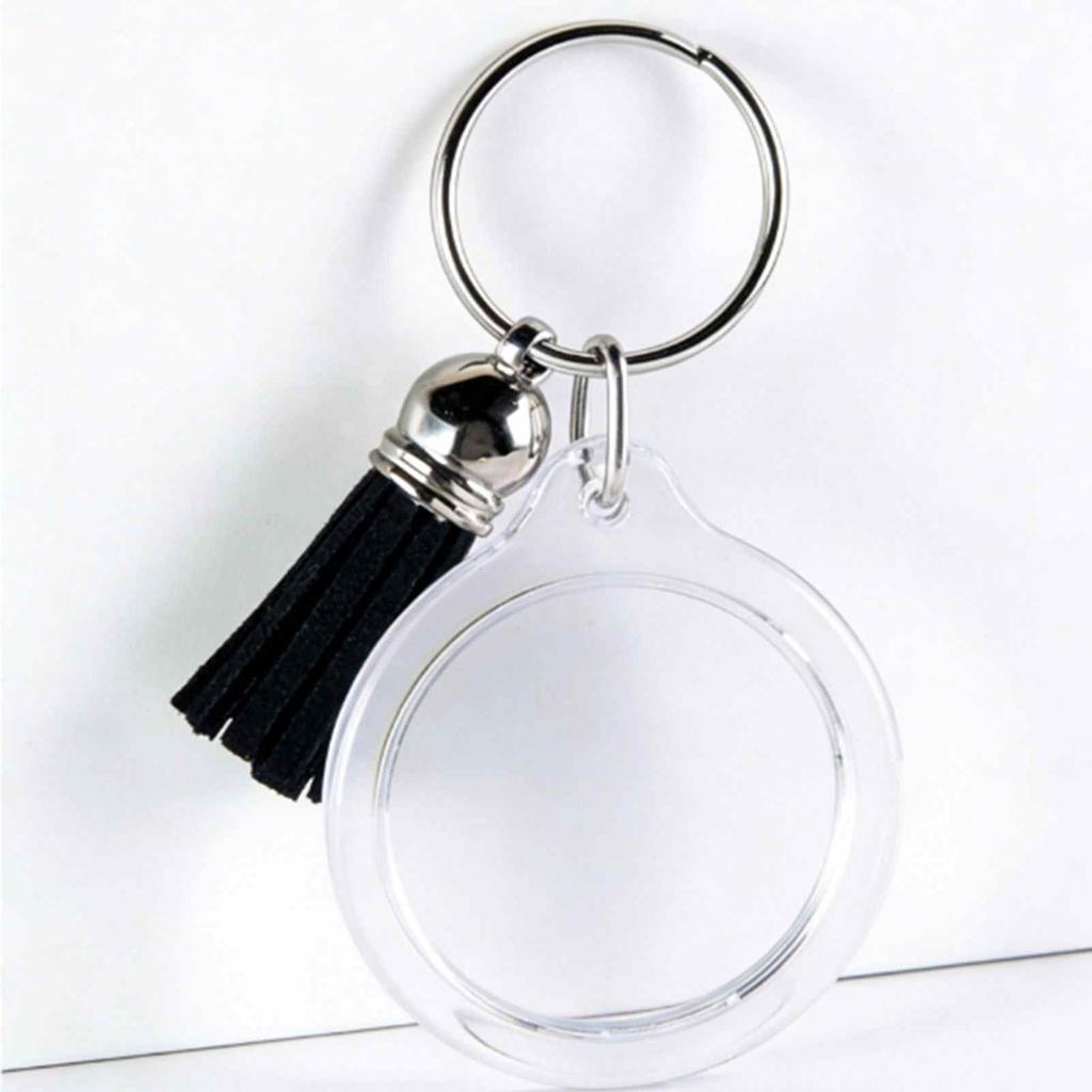 Lot de 50 Porte-clés Cadre Photo Acrylique avec Pompons Fermeture par Pression Insertion Photo Transparent Vide Porte-clés Rond 50 Pièces