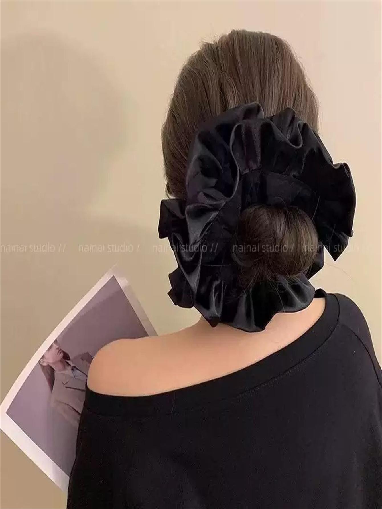 

New Arrival! French Ruffle Pleated Hair Scrunchie - Double Layered Satin Fabric, Balletcore Style Hair Accessories for Women, La чёрный