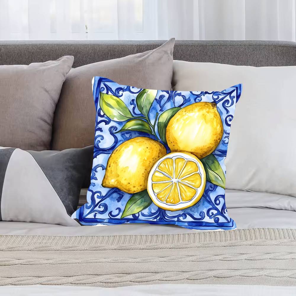 Blue - Toned Watercolor Lemon Pillow Case  Anti-dustmite Pillowcase Invisible Zipper Silky Short Plush Sofa Cushion Cover