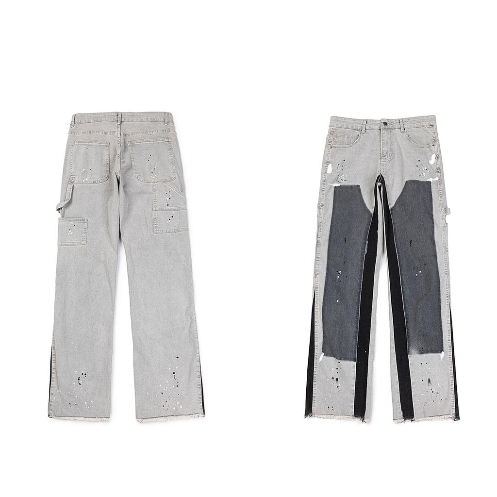 FlowStreet Retro American Torn Fringe Knee Patchwork Micro Flared Black Jeans Youth Fashion Straight Leg Workwear Trousers Wear Resistant