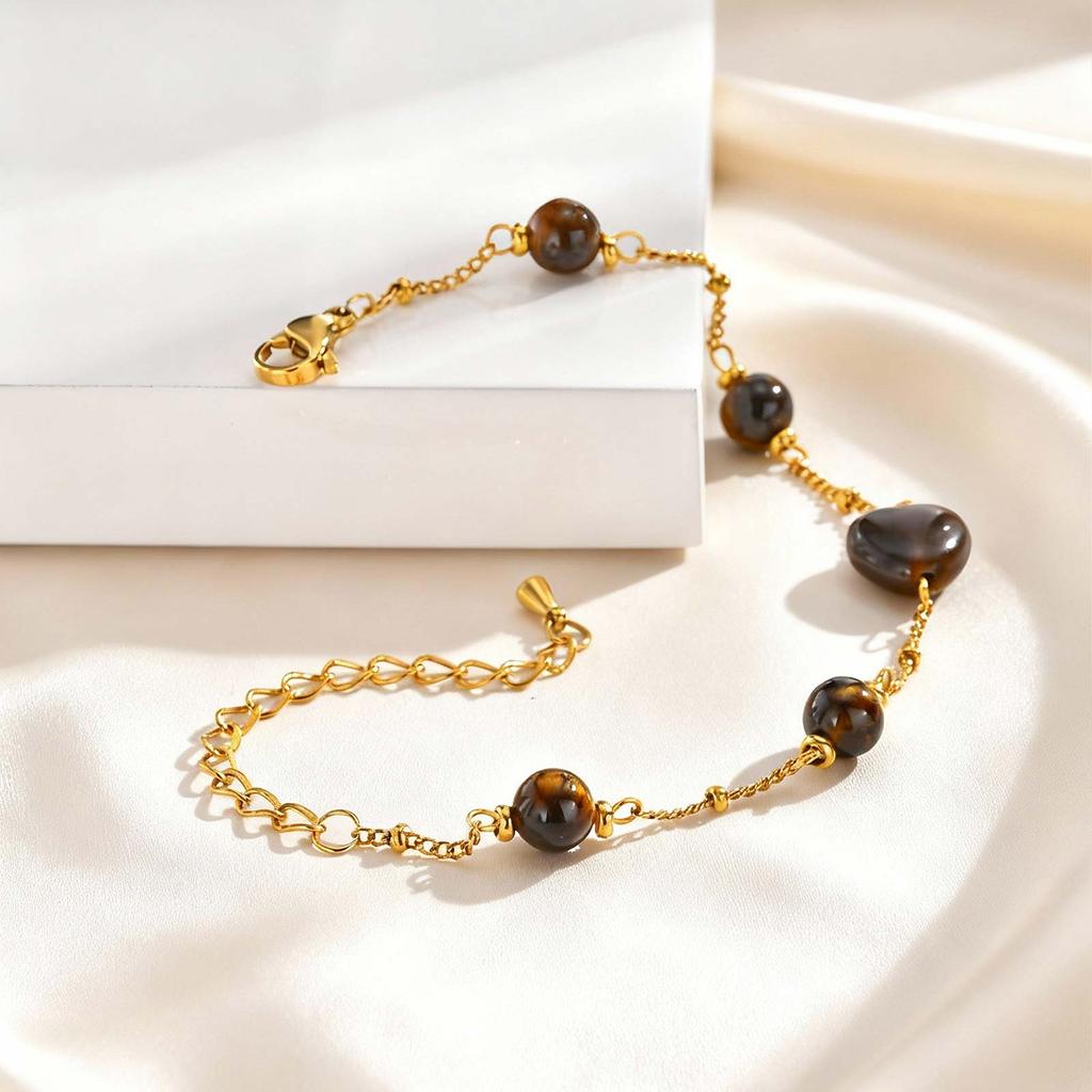 Heart-shaped Tiger Eye Natural Stone Charm Bracelet for Women, Stainless Steel Link Chain Waterproof Gold Plated Jewelry Gift