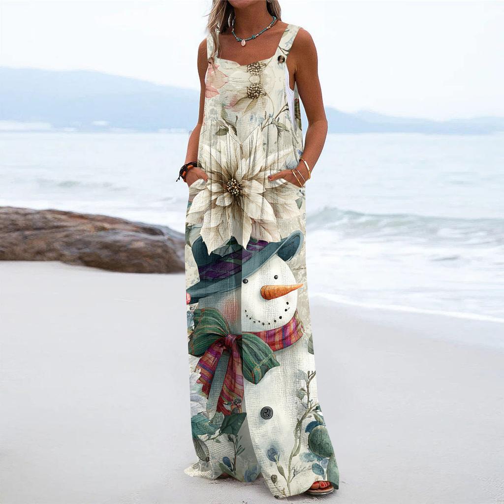 Women's Christmas Print Solid Wide Leg Strapless Tank Pocket Casual Onesie