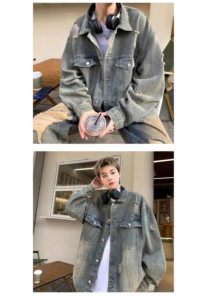 Men's Trendy Ripped Denim Jacket - Handsome American Retro Style for Spring and Autumn