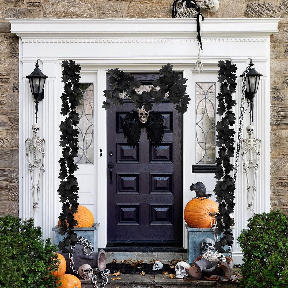 1.8M Hallow Artificial Black Rattan Maple Leaf Vine Christmas Wall Hanging Maple Leaf Vines Leaf Rose Indoor Garland Fake Flower