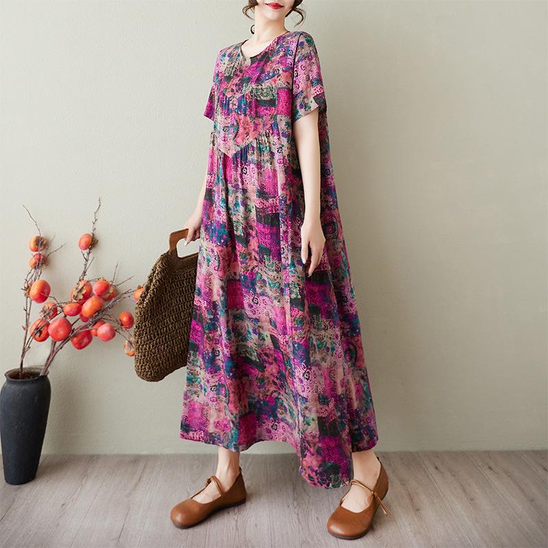 

2025 Summer Retro Cotton Linen Print Round Neck Dress - Loose, Plus Size, Slimming Patchwork, Short Sleeves One Size червоний/Яскраво-рожевий