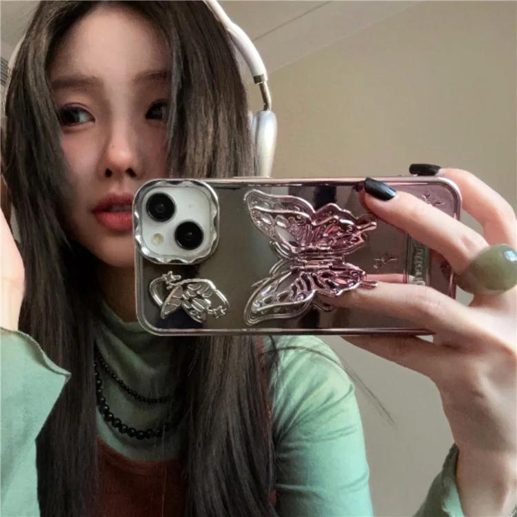 For iPhone 13 / 14 Case Electroplating TPU Phone Cover with Butterfly Shaped Kickstand Gradient Color - Purple