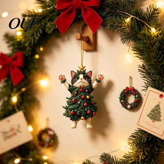 Indoor Holiday Ornaments 2Pcs Christmas Cat Acrylic Ornament, 2D Flat Kitty Hanging Pendant with Durable Santa Hat Tree Decor, Car Rearview