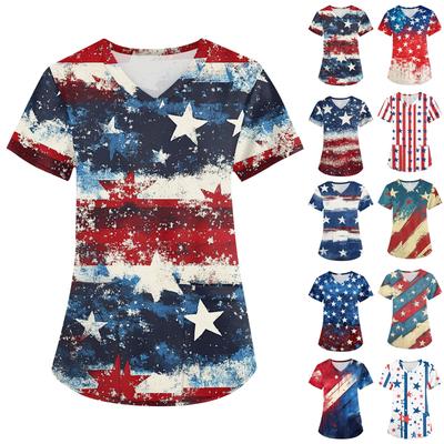 Uniforme de Impresión para Mujer Uniforme de Trabajo Cuello en V Bolsillos Básico Manga Corta Jersey
