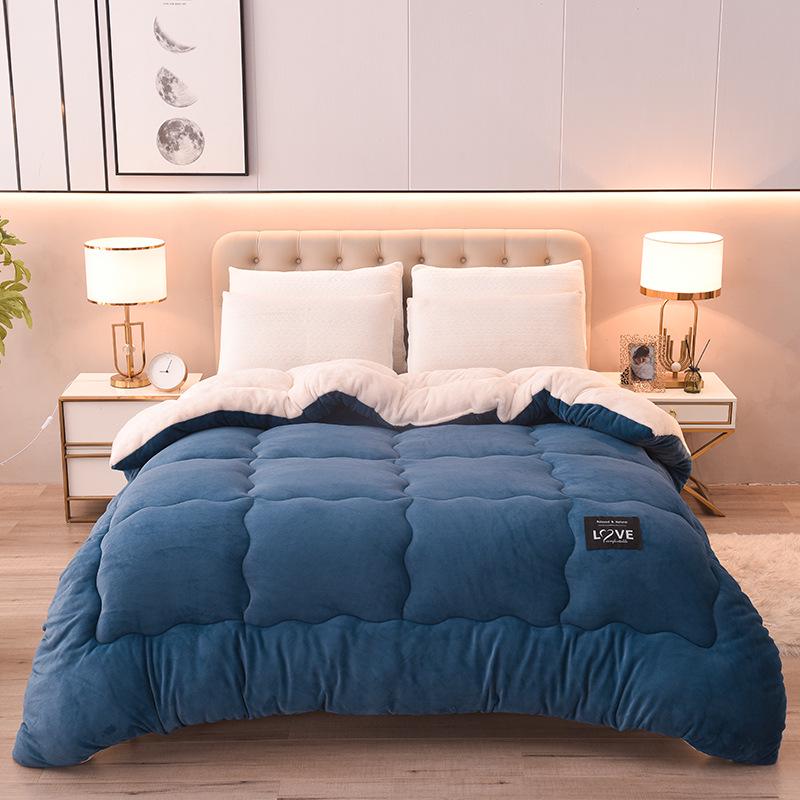 Solid Color Milk Velvet Winter Quilt with Flannel & Lambswool Core - Thick Warm Mattress Topper