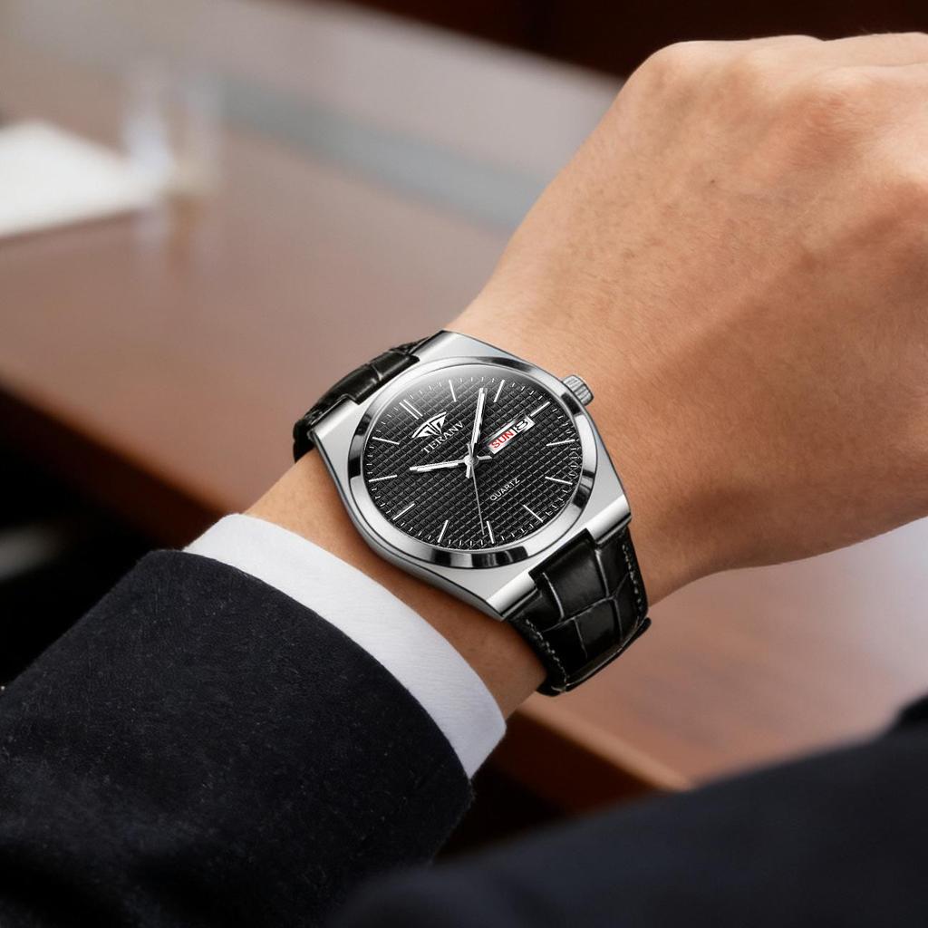 New Men's Ultra-thin Luminous Waterproof Steel Band Watch with Double Calendar - Fashionable, Hot Selling Model