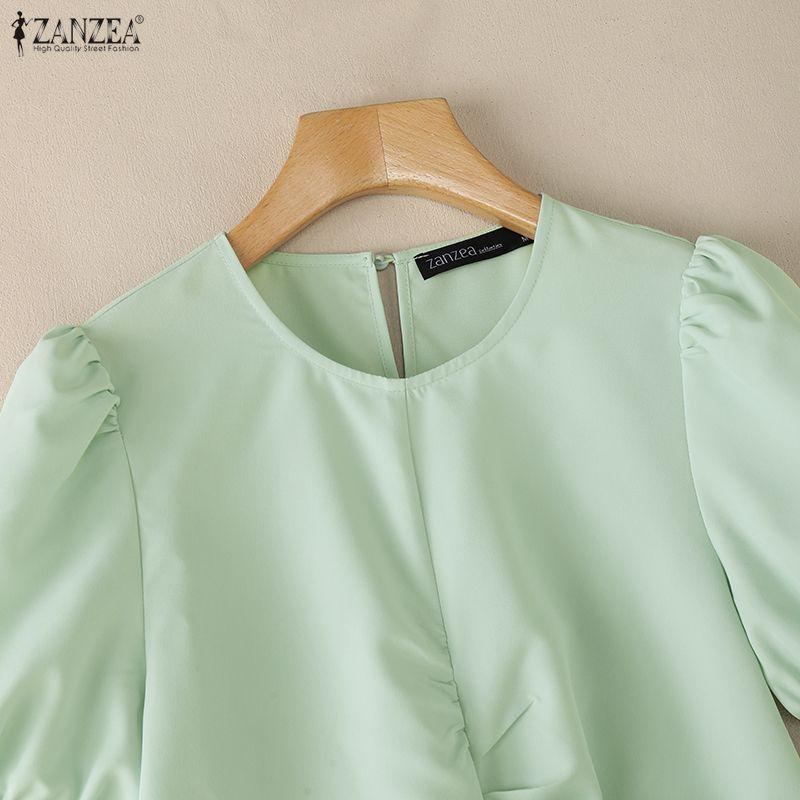 ZANZEA Women Casual Round Neck Solid Color Puff Short Sleeve Blouse