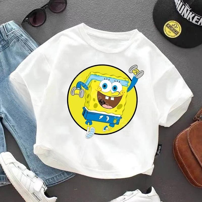 SpongeBob SquarePanted Child Short Sleeve TShirt Anime Character Print Cotton Pullover Boys Girls Summer Casual Crew Neck Tops
