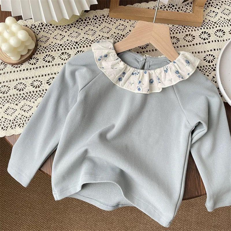 Korean Style Floral Ruffle Collar Long Sleeve Toddler Girls' T-Shirt