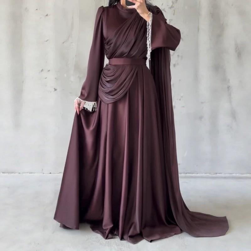 Elegant Pleated Wrap Waist Round Neck Long Sleeve Maxi Dress Women 2026 Collection XS