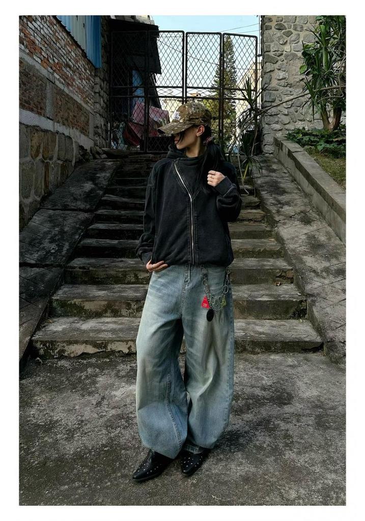 Unisex Retro Washed Black Hoodie: New Autumn Design, Loose Fit, Versatile Cardigan Outerwear.