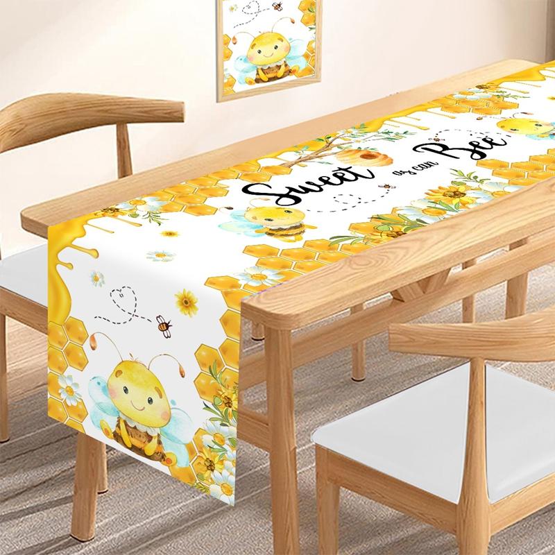 Summer Sweet Bee Daisy Polyester Table Runners Holiday Party Decorations Cute Bee Dining Table Runners Kids Bithday Table Decor