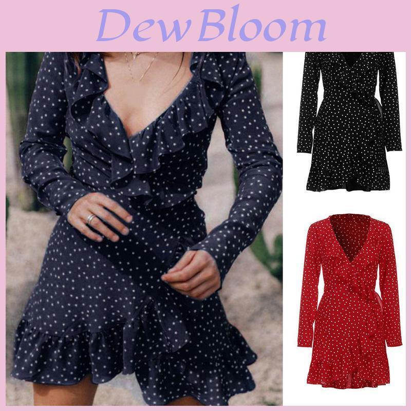 Elegant 128 Digital Print Irregular Ruffle Hem Polka Dot Deep V Chiffon Dress For Stylish Adults