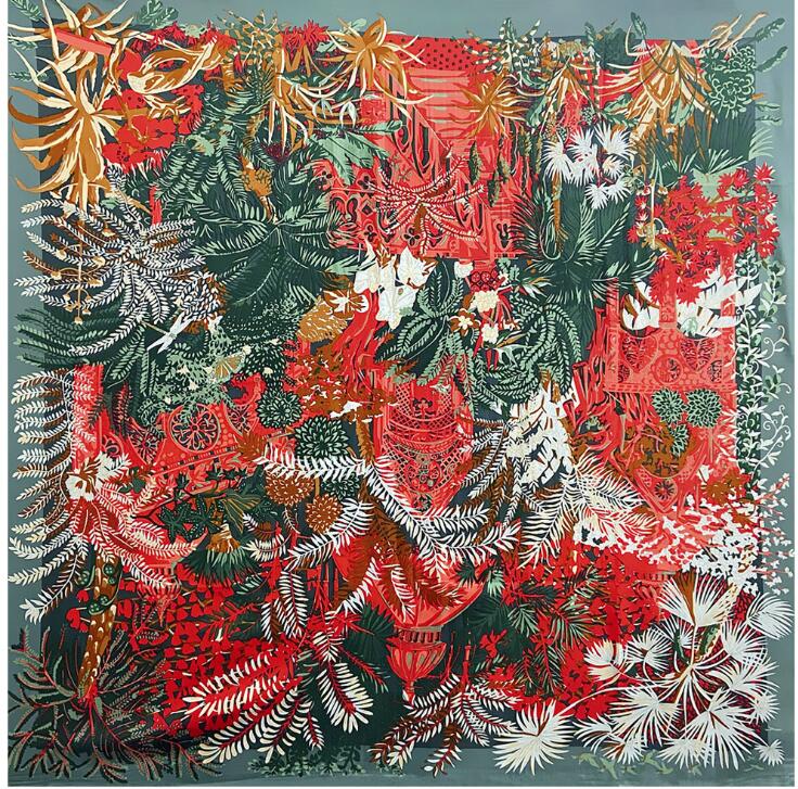 New Luxury Brand 130cm Bohemia Bird Flower Hillside Twill 100% Silk Scarf Women Square Scarves Kerchief For Ladies Shawl