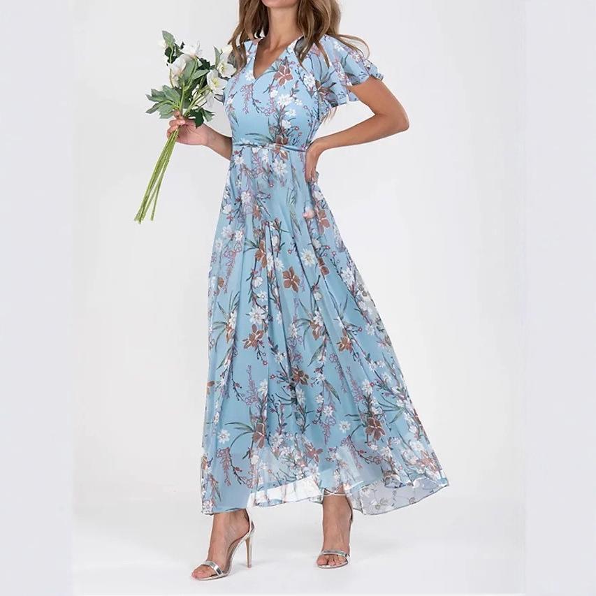 European and American New Beach Pendulum Long Dress Chiffon Floral Short-sleeved Ruffle V-neck Fashion Waist Dress